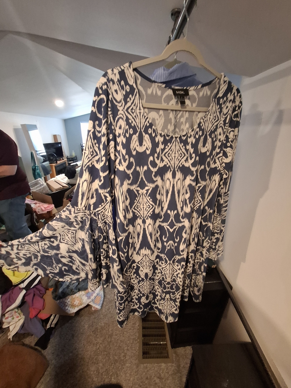 MSK Blue and White Ikat-Print Scoop Neck Tunic